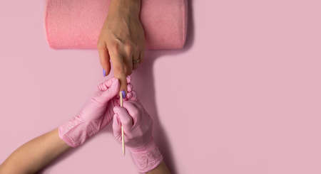 Manicure process, top view.Manicure in beauty salon.Manicure concept, flat lay.の写真素材