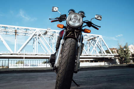 Side view of a red motorcycle.Outdoors red motorcycleの写真素材