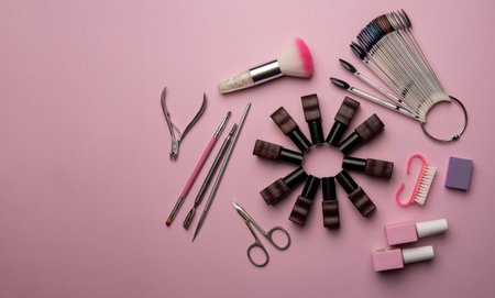 Set of manicure tools and accessories on a pink background, flat lay. Top view of manicure and pedicure equipment on pink backgroundの写真素材