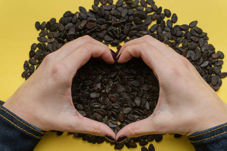 A pile of watermelon seeds on a yellow background in the shape of a heart.Watermelon seeds stacked...