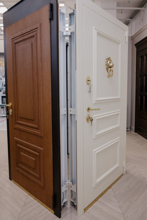 Door knob. Stainless steel door handle.Lockable front door handle.Interior design concept.Entrance...
