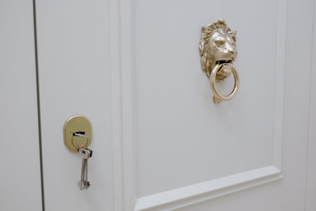 Door knob. Stainless steel door handle.Lockable front door handle.Interior design concept.Entrance doorの写真素材