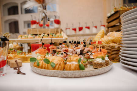 Delicacies and snacks at the buffet or banquet. Catering.snacks on the table at the holiday. banquet snacks. canapes. cateringの写真素材