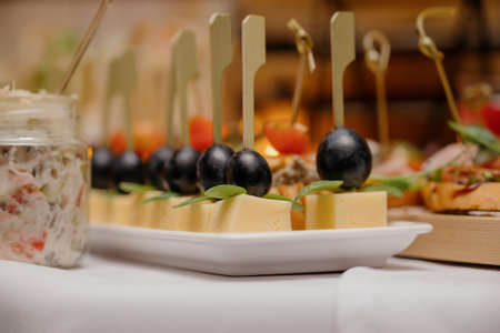 Delicacies and snacks at the buffet or banquet. Catering.Cheese canapes with wine on tableの写真素材