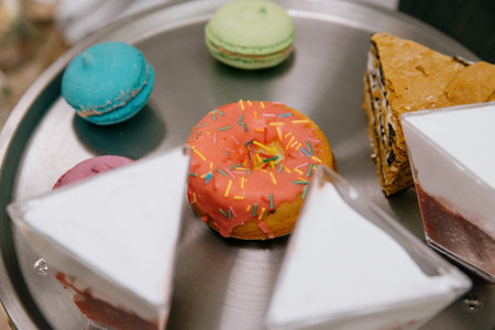 Dessert on the table. Desserts with fruits, mousse, cookies, close upの写真素材