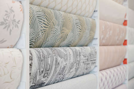 Wallpaper shop.A large assortment of wallpapers of different colors and shadesSamples of different...