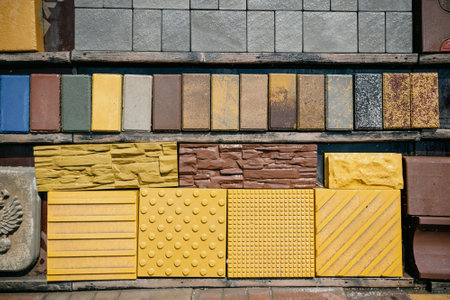 Paving slabs of different colors and shapes.Texture of different colored patterned paving slabs . modern road surface.の写真素材