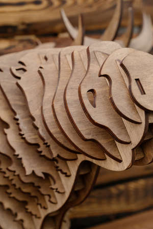 Detail of home interior.Modern interior..carved wood detail reveals on a wooden backgroundの写真素材