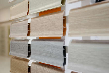 Sample of chipboard close up. Wood laminated veneer for interior architecture and construction or furniture finishing design conceptの写真素材