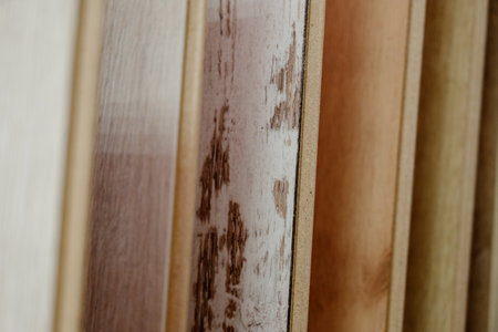 Laminate background. Samples of laminate or parquet with a pattern and wood texture for flooring and interior design. Production of wooden floorsの写真素材