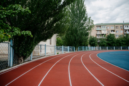 Red running sport track background and texture. Sport running track concept.Running track in the stadium. Rubber coating.の写真素材