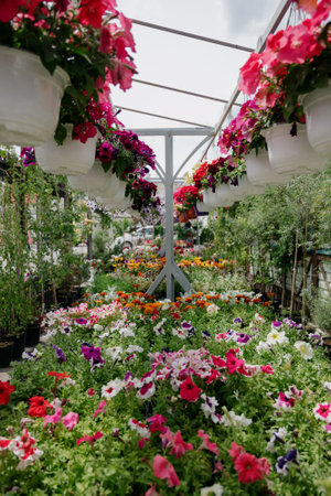 Variety of plants and flowers at flower market, selective focus on flowers. Garden center for the sale of plants.A wide display of various flowers growing in pot on sale or nursery or plant shopの写真素材