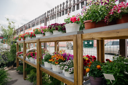 Variety of plants and flowers at flower market, selective focus on flowers. Garden center for the sale of plants.A wide display of various flowers growing in pot on sale or nursery or plant shopの写真素材