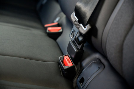 safety belt press button on vehicle car seat security.A car seat belt securely fastened for safety.の写真素材