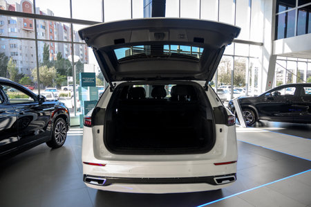 Large empty car trunk. Open car trunk close up. Empty open trunk of a new modern carの写真素材
