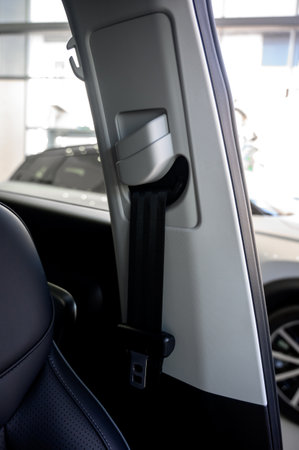 Close-up of a seat belt. Black seat belt in the interior of a new modern carの写真素材