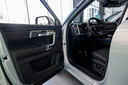 Interior of a modern car with black leather seats. Inside the car. Interior of a prestigious modern car. Comfortable black leather seatsの写真素材