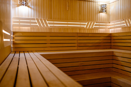 Empty Sauna room background. Wooden sauna, spa room. Relax in the hot sauna.の写真素材