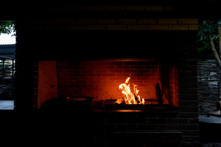 fireplace with burning woodの写真素材