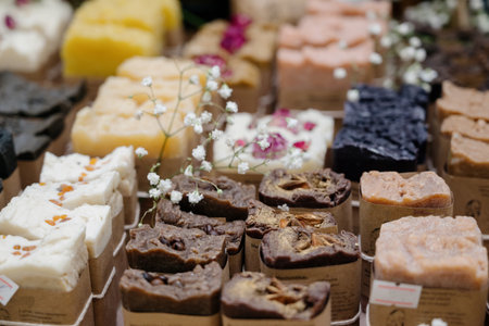 Natural handmade soap with various additives and flavors. Close-up: square bars of soap on paper...