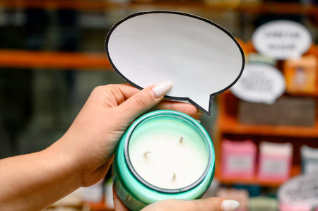 Female hands holding a green scented candle in a glass.A close-up of hands holding a candle in a...