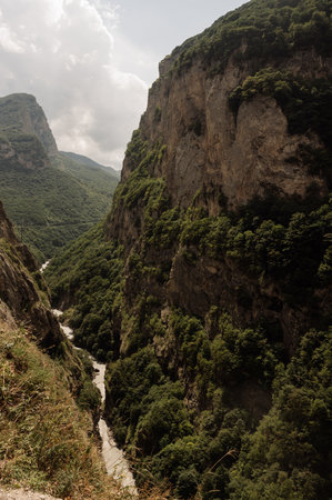 High steep cliffs covered with vegetation and a river.A mountain river and steep, wooded slopes...