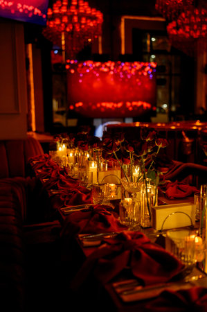 Close-up of a long table with flowers and burning candles in a dark room. a set table with red decor...