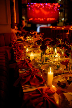 Close-up of a long table with flowers and burning candles in a dark room. a set table with red decor and lightsの写真素材