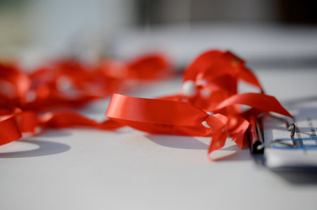 Red satin ribbon with beads and a paper clip. Focus on the red ribbon symbolizing a ceremony or award on a white background.の写真素材