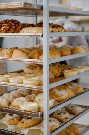 A variety of fresh baked goods and cakes on metal baking trays in a bakery cart. Freshly baked sweet...