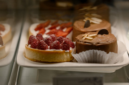 Close-up of raspberry tartlets and chocolate cakes. Sweet desserts with berries and almonds on a plate in a pastry shop display caseの写真素材