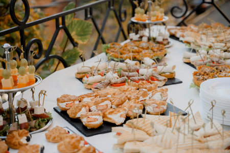 A table with exquisite snacks, cakes and sandwiches for a buffet on the terrace. A variety of canapes, eclairs, and tartlets for a festive table at an outdoor receptionの写真素材