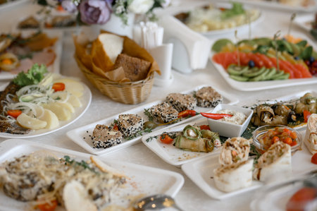 A variety of cold appetizers and salads are served on the banquet table. An abundance of portioned...
