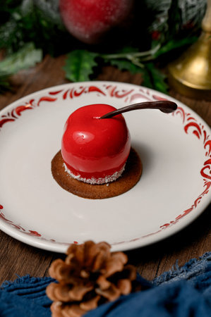 Red apple shaped cake with glossy icing on a white plate.A bright red mousse cake on a plate in a cozy New Year's interior with pine needlesの写真素材