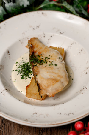 White fish steak with herbs and potato garnish. A serving of baked fish fillet with parsley and...
