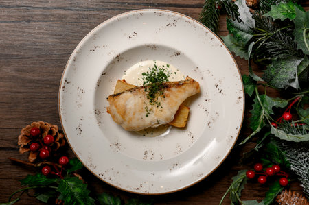 White fish steak with herbs and potato garnish. A serving of baked fish fillet with parsley and garnish in a festive restaurant settingの写真素材