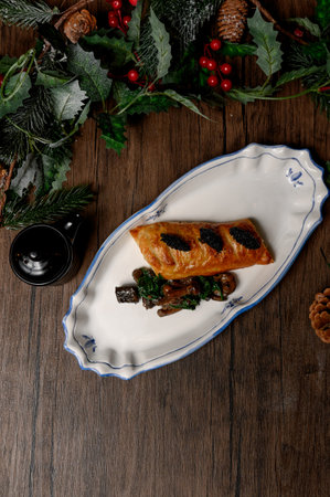 Puff pastry with black caviar and a garnish of fried wild mushrooms with spinach. A golden puff pastry pie with gourmet caviar and mushroom appetizer, served festivelyの写真素材