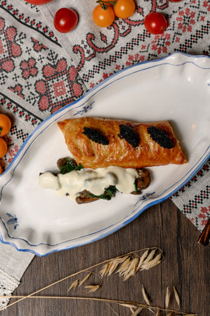 Puff pastry with black caviar and a garnish of fried wild mushrooms with spinach. A golden puff pastry pie with gourmet caviar and mushroom appetizer, served festivelyの写真素材