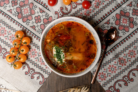 Solyanka soup with sour cream and herbs against a background of fresh tomatoes. Traditional meat soup with olives and lemon on a wooden table with rustic decor and a spoonの写真素材