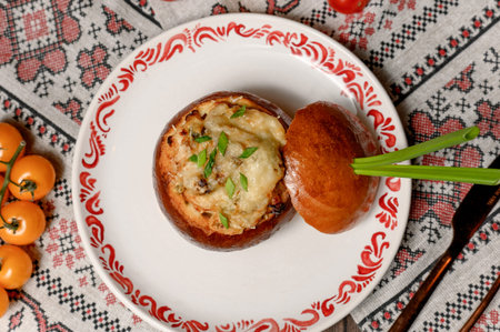 Julienne with melted cheese and green onions inside a toasted bun. Creamy mushroom julienne in a golden bun with herbs on a wooden tableの写真素材