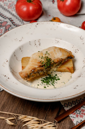 White fish steak with herbs and potato garnish. A serving of baked fish fillet with parsley and...