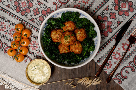 Crispy breaded meatballs with a side of greens and gravy. Golden fried croquettes on a bed of kale in a white bowl with garlic sauceの写真素材