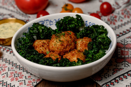 Crispy breaded meatballs with a side of greens and gravy. Golden fried croquettes on a bed of kale...