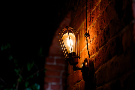 A sconce in a metal frame is switched on on a brick wall.A wall sconce with an Edison bulb illuminates the red brick texture in the room.の写真素材