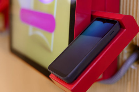 A smartphone is positioned on a red charging dock, displaying a digital screen with text, set against a colorful background with graphicsの写真素材
