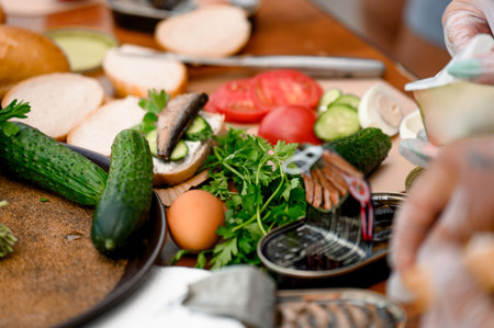 Various fresh vegetables, including cucumbers and tomatoes, are arranged on a table for sandwich...