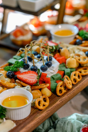 A vibrant cheese platter featuring assorted cheeses, fresh fruits, nuts, and pretzels arranged on a...