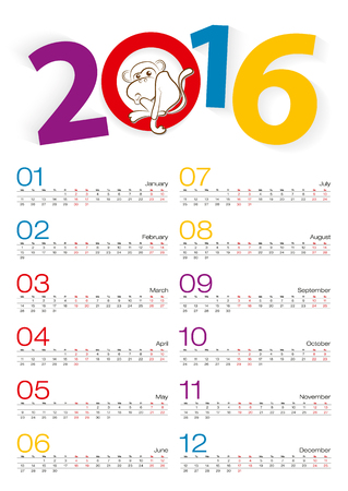 Calendar 2016, All mount, 2 weeks line. Year of the Monkey. Vector Illustration.のイラスト素材