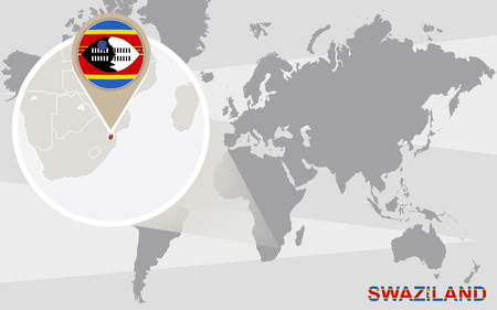 World map with magnified Swaziland. Swaziland flag and map.のイラスト素材