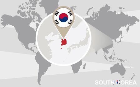 World map with magnified South Korea. South Korea flag and map.のイラスト素材